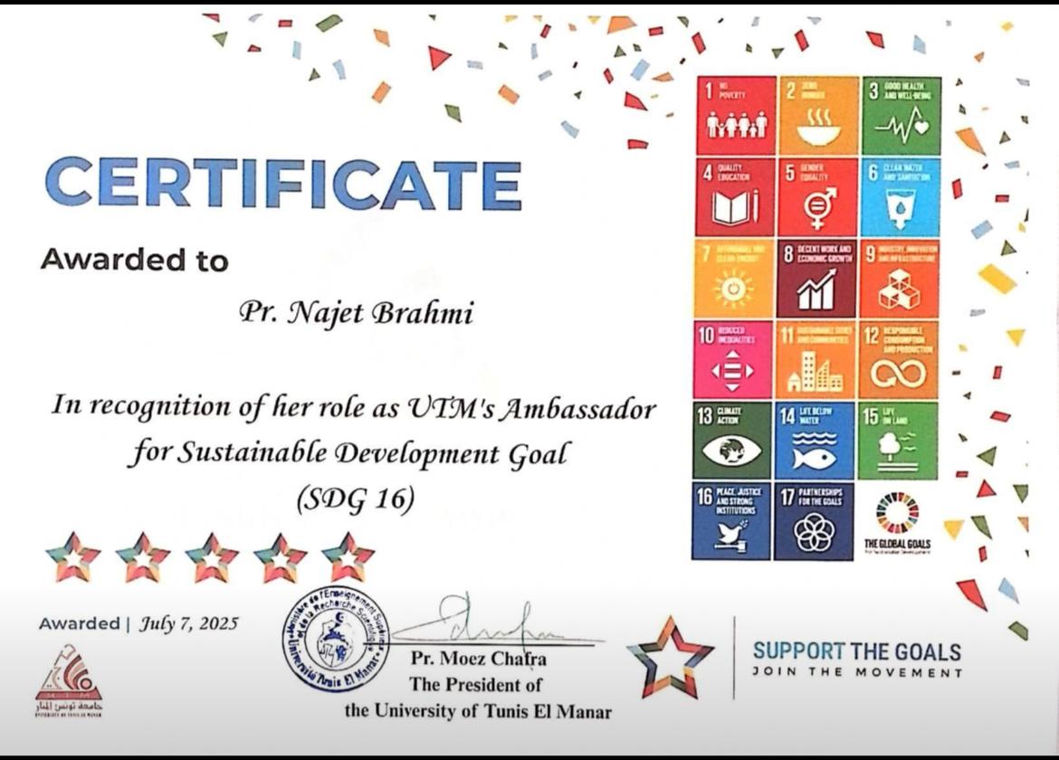 Official Ceremony Honoring Me Najet Brahmi as UTM Ambassador for Sustainable Development Goal 16: Peace, Justice and Strong Institutions  